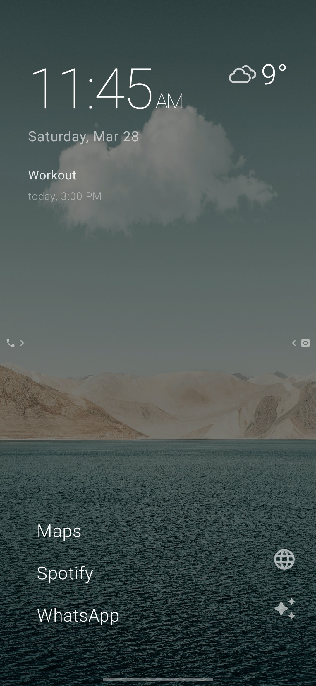 Zenvy home screen using a muted lake wallpaper with clock, weather, event, and favorites.